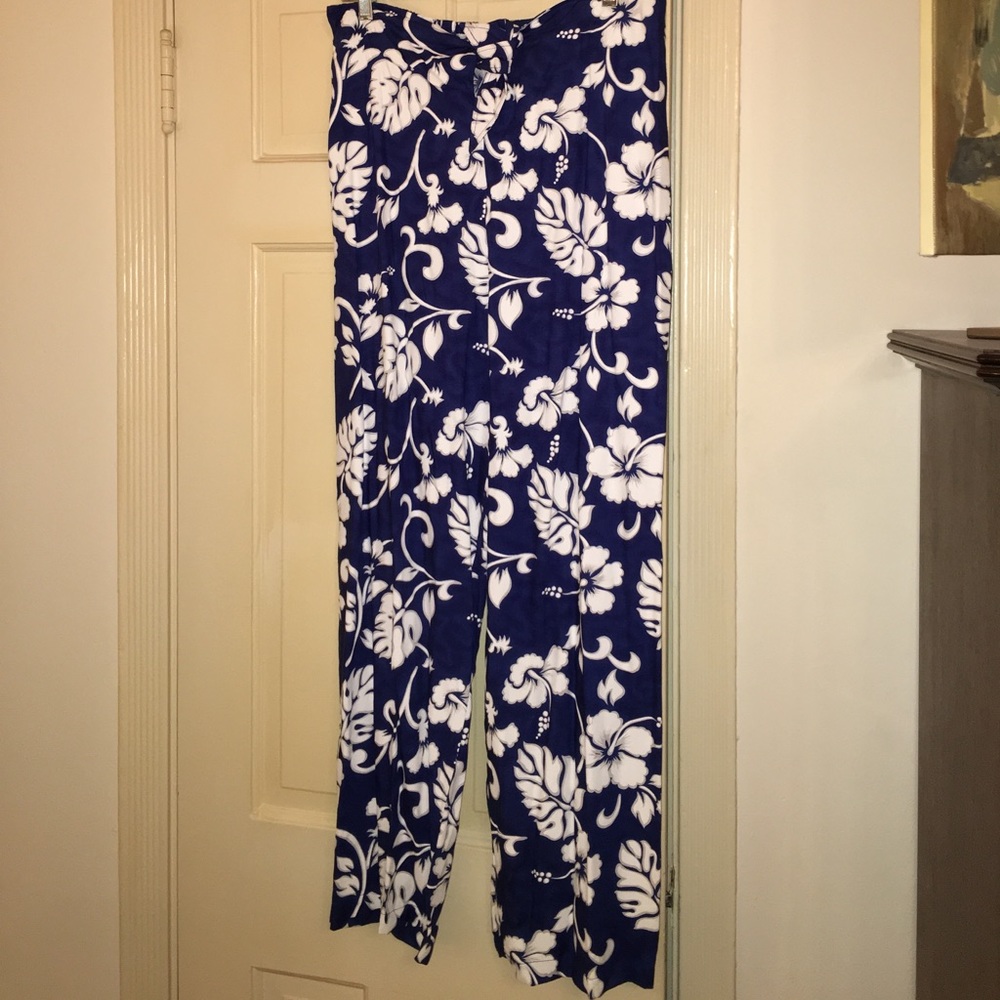 Blue/white floral rayon pants.