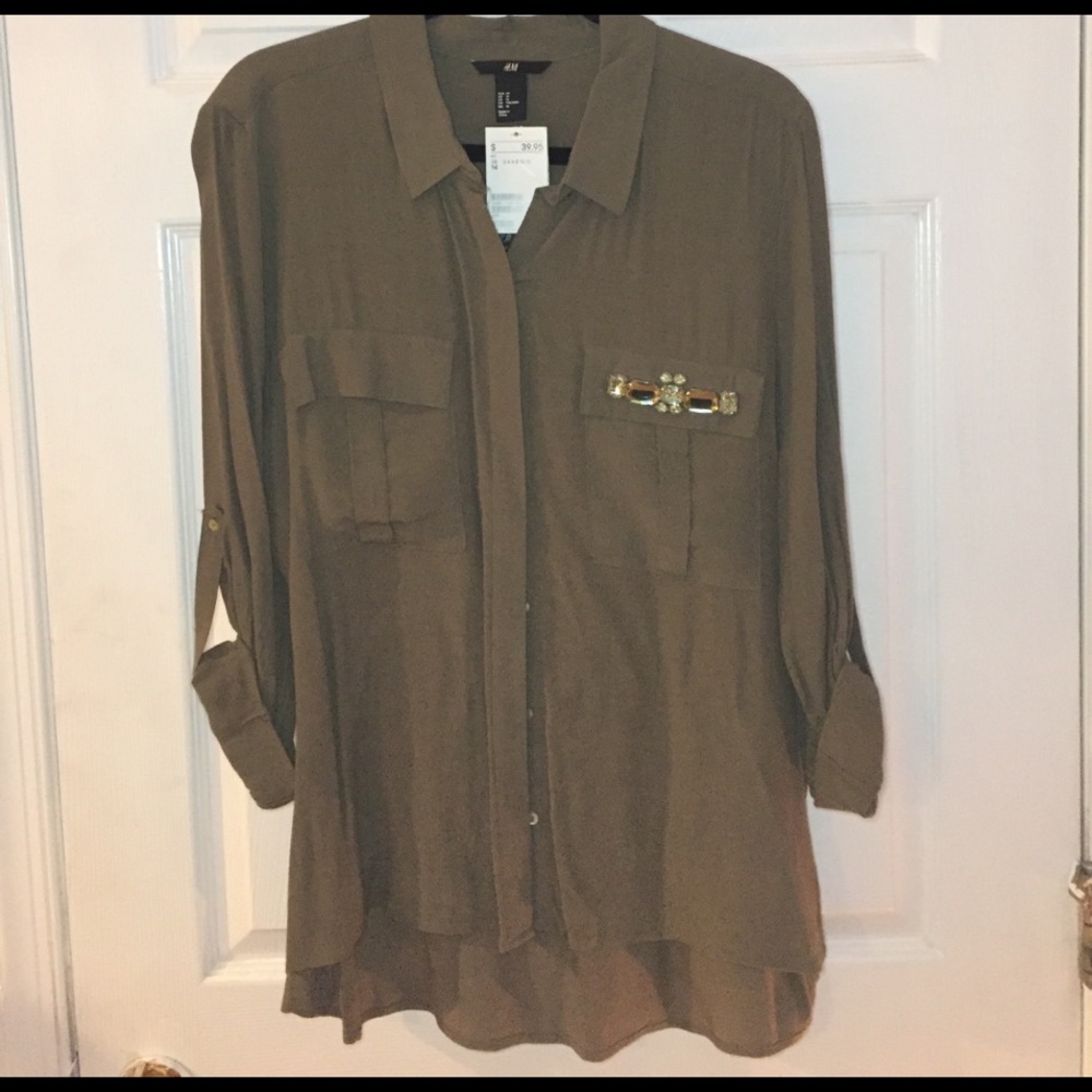 Olive Green Embellished Pocket Top