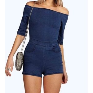 Off the shoulder jeans playsuit
