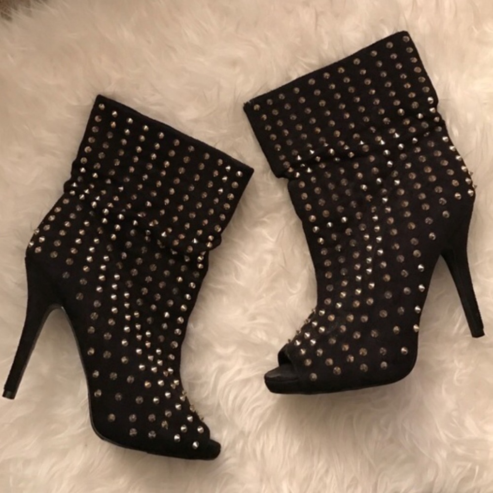 Black open toe booties with gold spikes