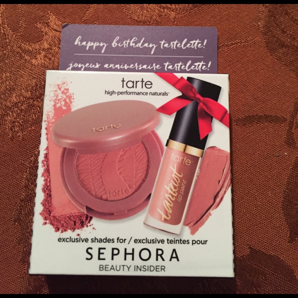 Tarte 12 hour blush and creamy matte lip paint.