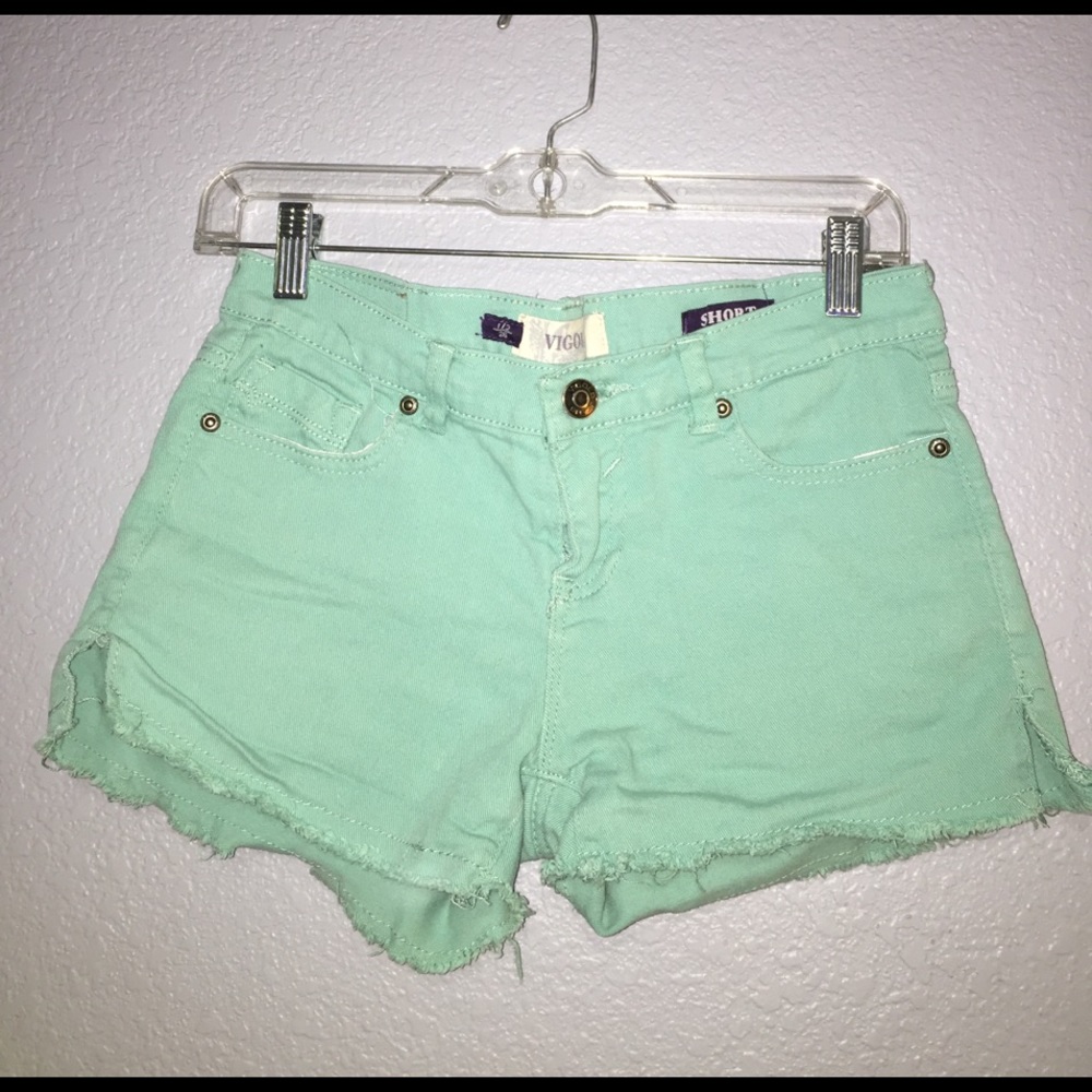 Mint green distressed high waisted shorts