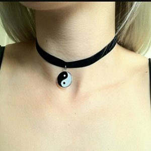 Ying Yang Symbol Black Velvet Choker Necklace!