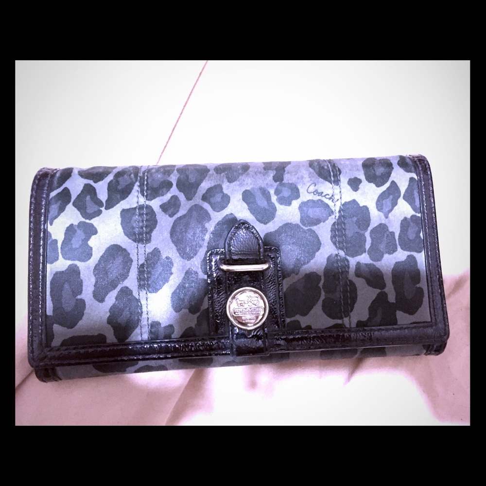 Black leopard print Coach wallet with check cover