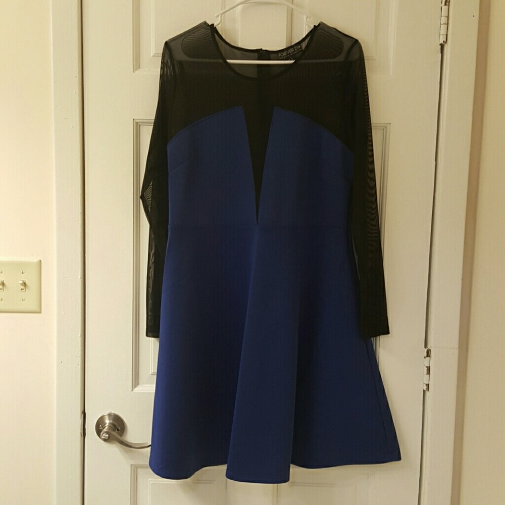 Blue Mesh-Paneled Fit & Flare Dress