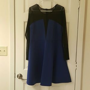 Blue Mesh-Paneled Fit & Flare Dress