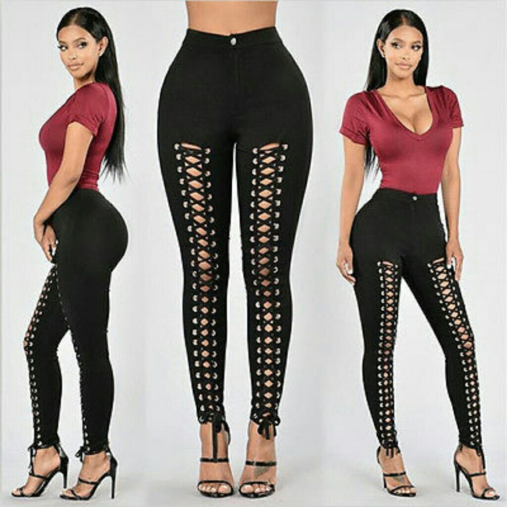 Women Lady High Waist Lace Up Stretch pant legging