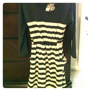 Gray and white 3/4 length sleeve striped dress