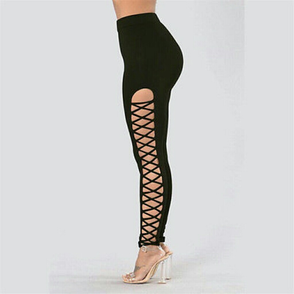 Women High Waist, Side Lace Up Black Legging