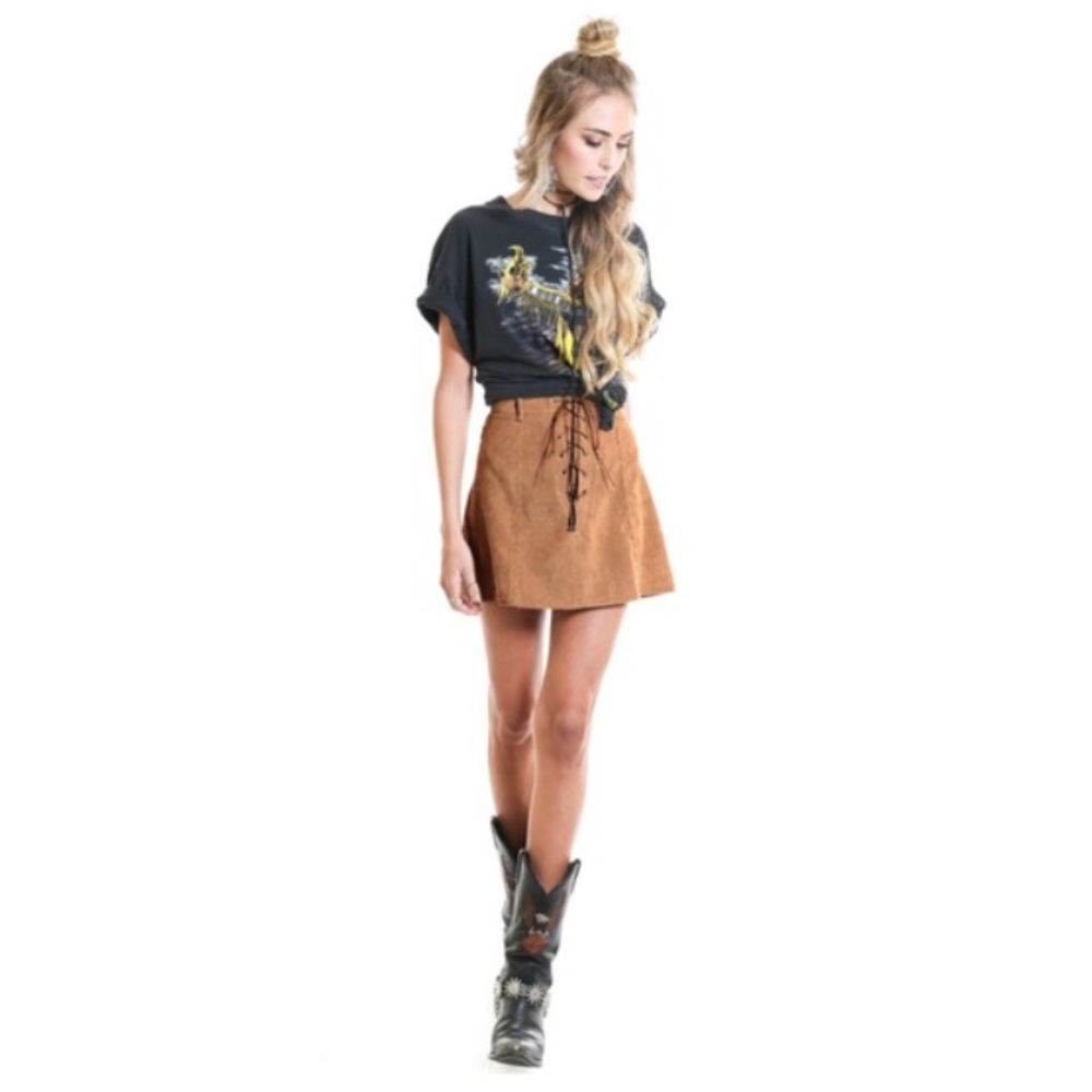 Suede a-line lace up skirt in camel/tan