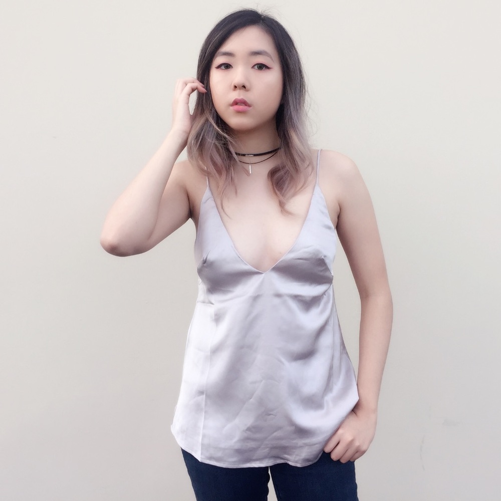 Low Cut Satin Cami - Silver