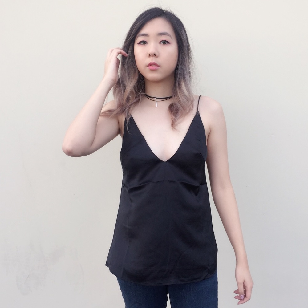 Low Cut Satin Cami - Vintage Black