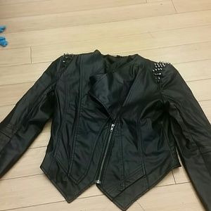 Black faux  leather jacket w/spiked shoulders
