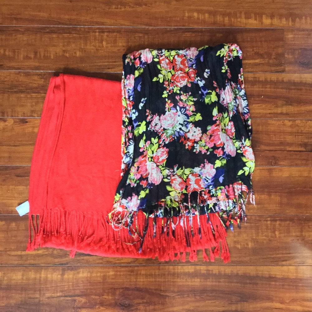 Bundle of red and black fringe end scarves