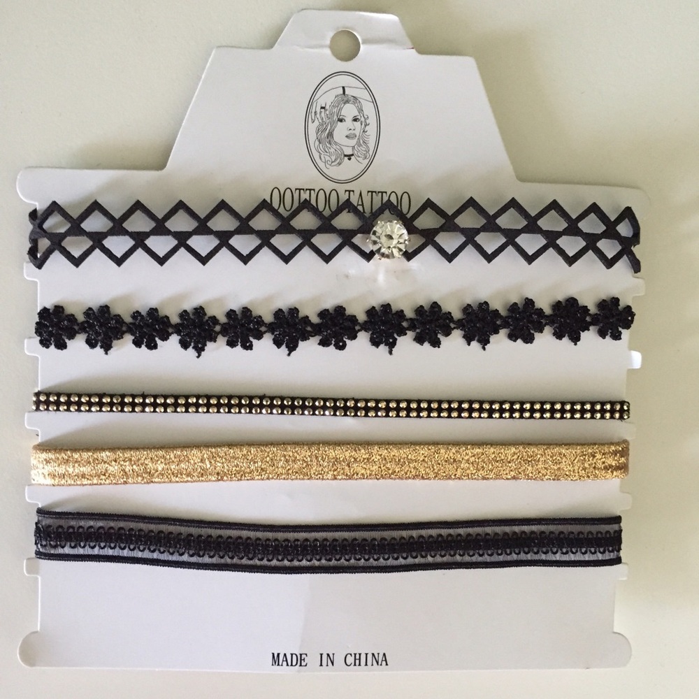 Set of 5 Trendy Gold & Black Chokers.