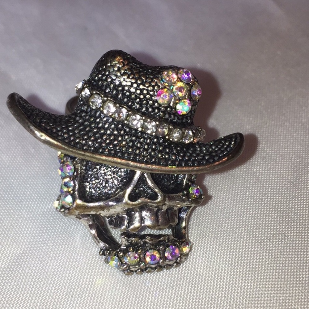 Skull ring with hat stones adjustable steampunk