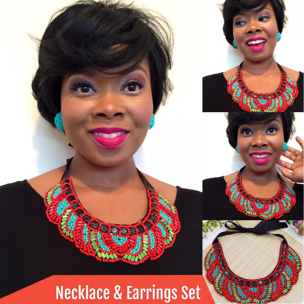 2 Piece Turquoise & Red Necklace & Earrings Set - Picture 2 of 5