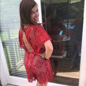 Red and tan lace romper