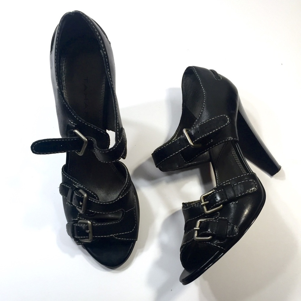 Tahari Black Darryl Buckle Heels