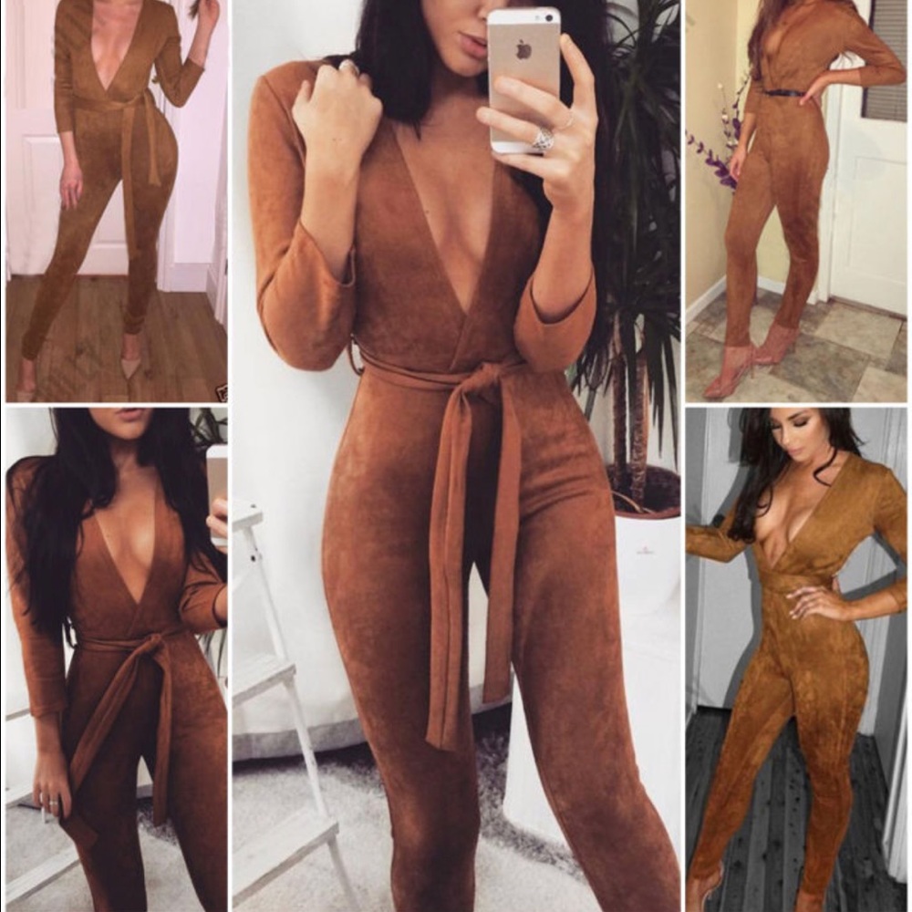 Deep v-neck romper jumpsuit suede size L