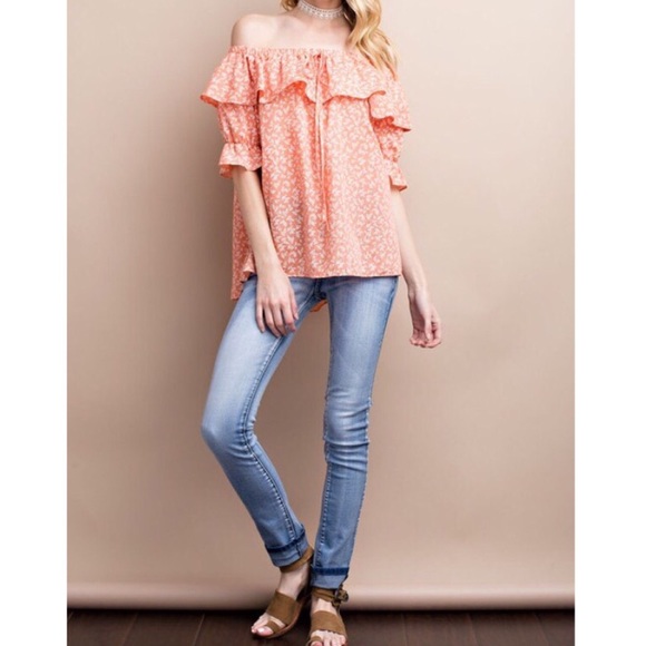 ❗️LAST❗️Cute coral off shoulder ruffle top w tie - Picture 2 of 4