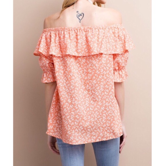 ❗️LAST❗️Cute coral off shoulder ruffle top w tie - Picture 3 of 4