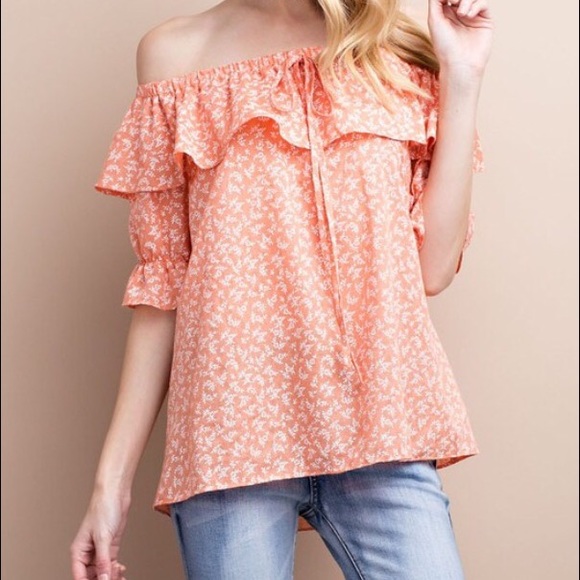 ❗️LAST❗️Cute coral off shoulder ruffle top w tie - Picture 4 of 4