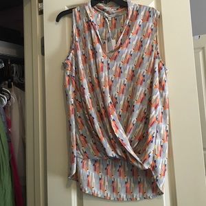 Pleione NWT Aqua Geo faux wrap blouse