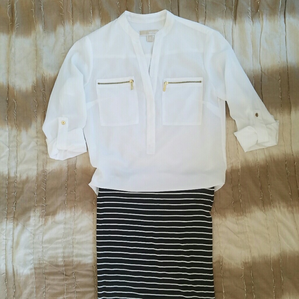 Michael Kors White Sheer Blouse w Gold Details