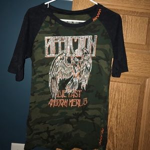 Affliction camo top orange green and black.