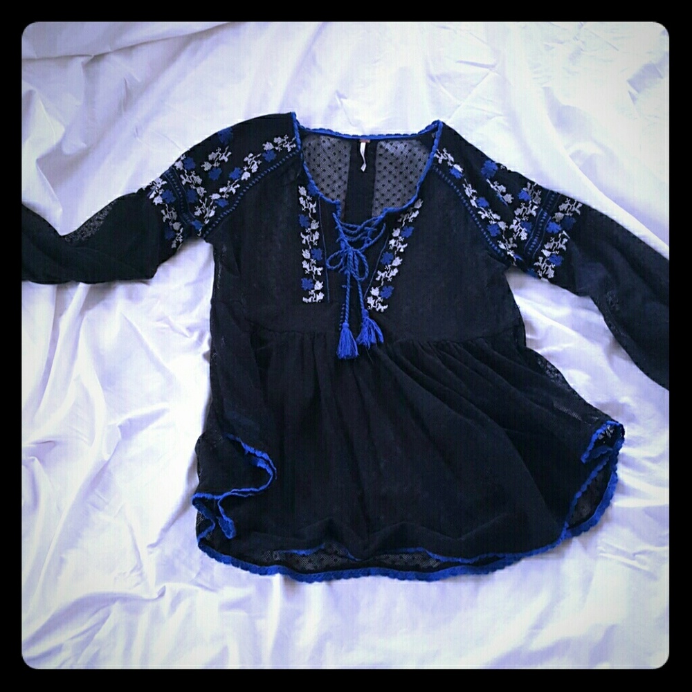 Free People Mesh Embroidered Babydoll Blouse??