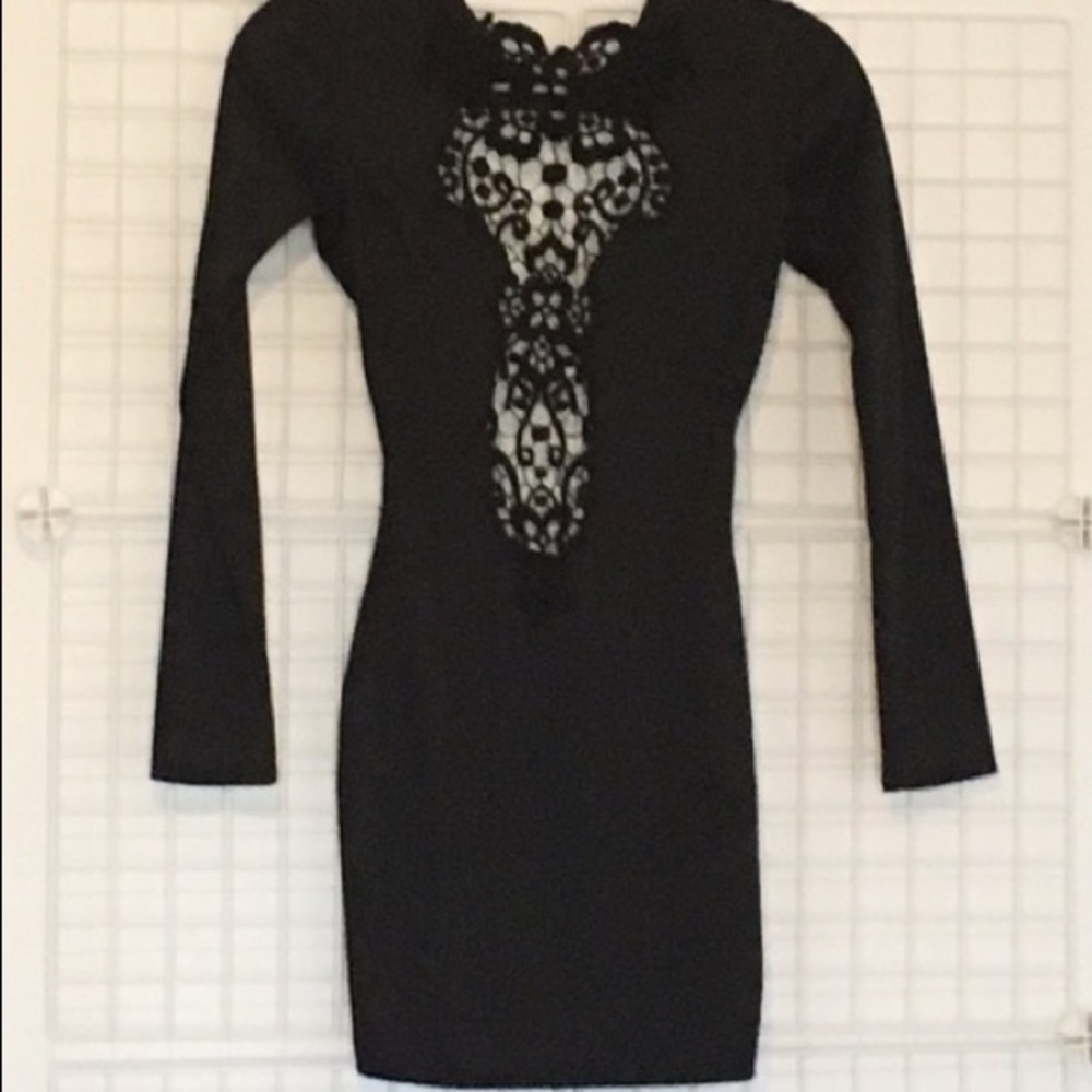 Backless body con black dress with lace detail