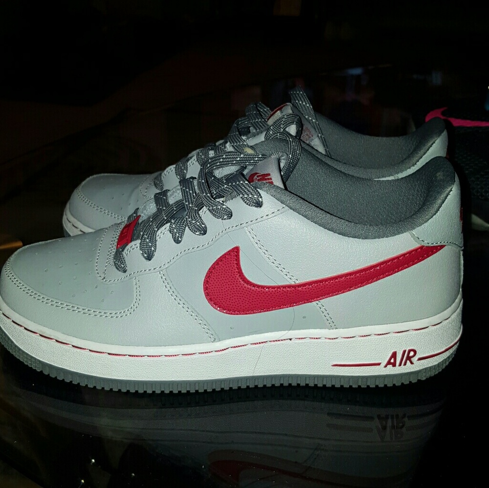 Grey and red air force ones
