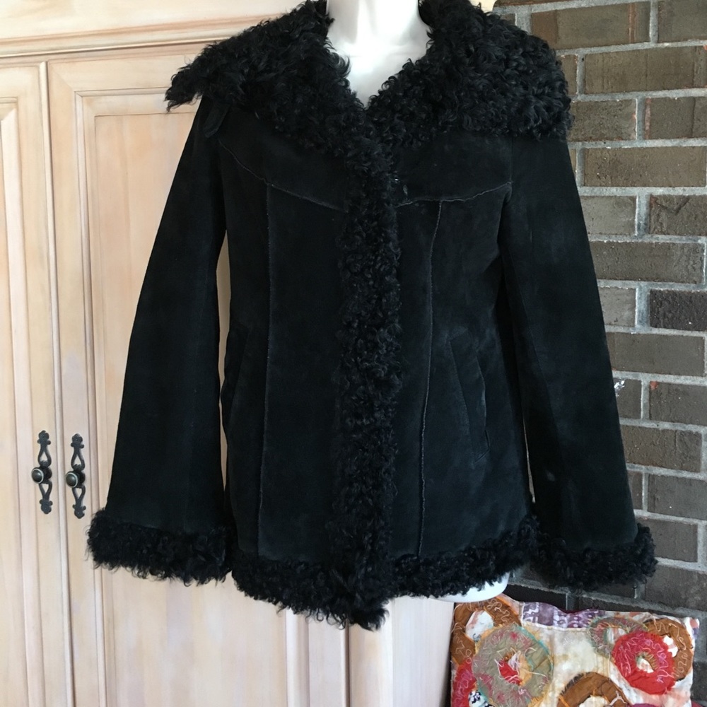 Express black leather coat Sz S lamb fur trim