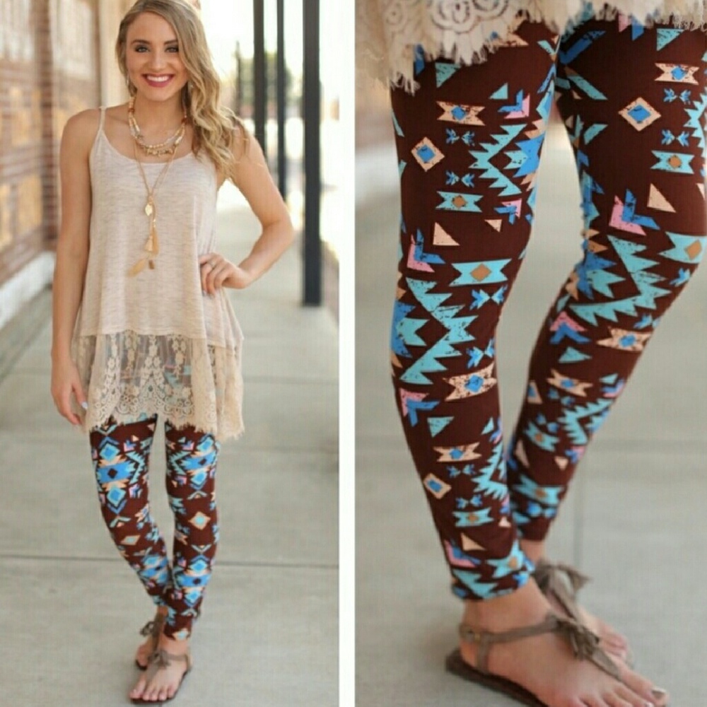 Brushed Brown & Blue Aztec Leggings