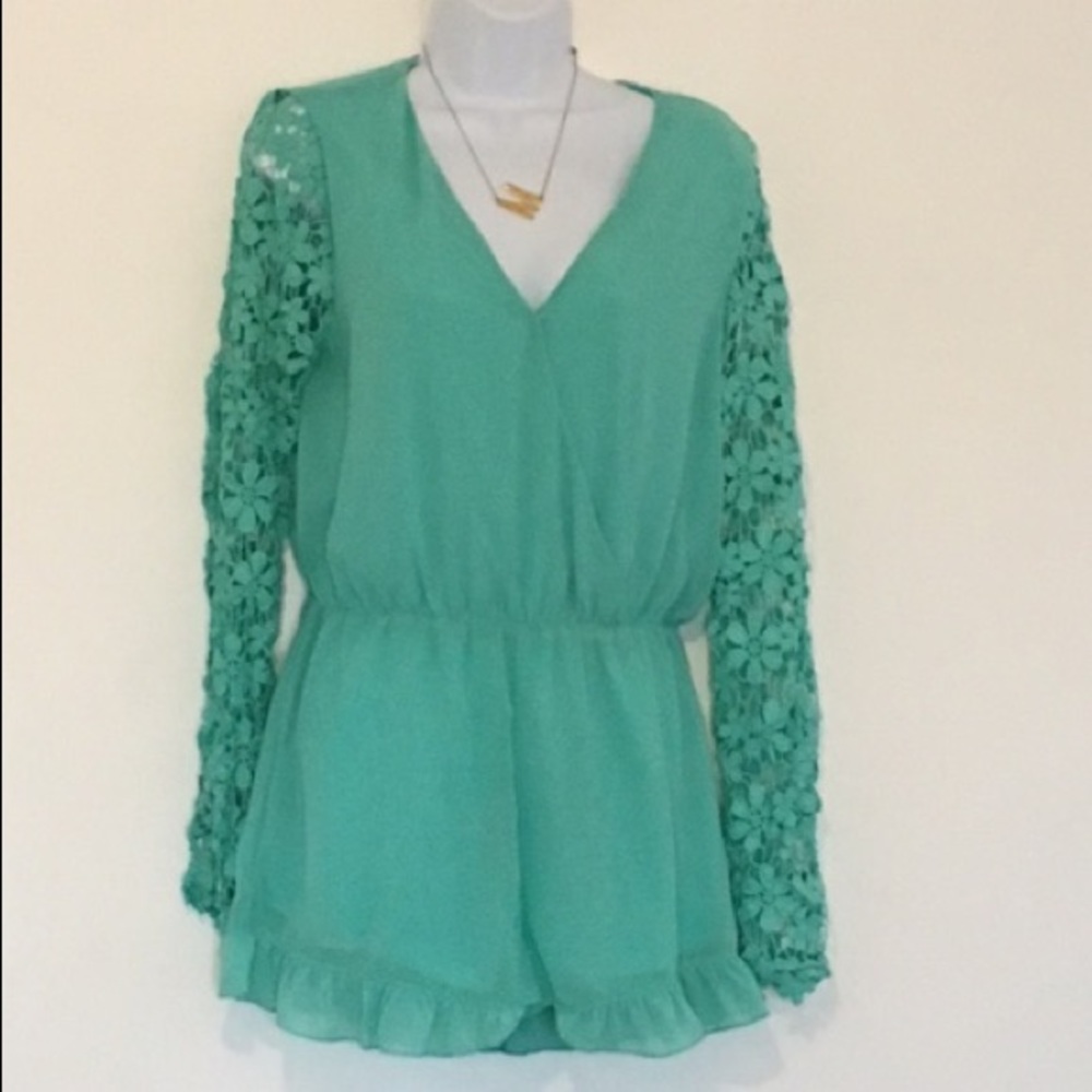 Teal romper with floral see through sleeves