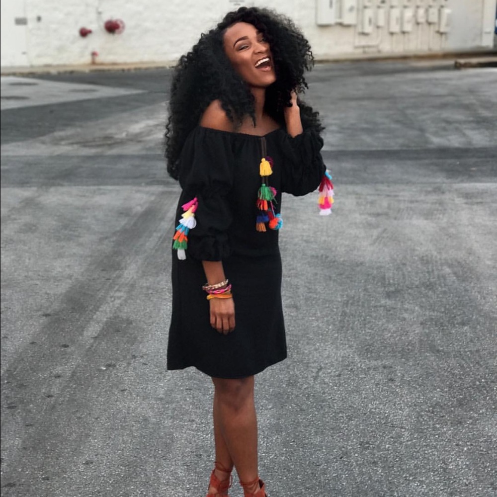 Womens POM POM  BLACK OFF SHOULDER DRESS