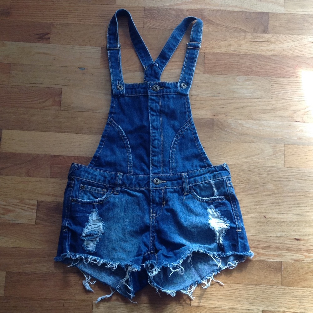 distressed overall shorts