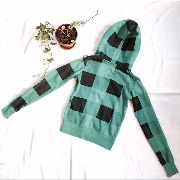 [BillaBong] Plaid Turquoise Furry Hooded Jacket - Picture 6 of 6