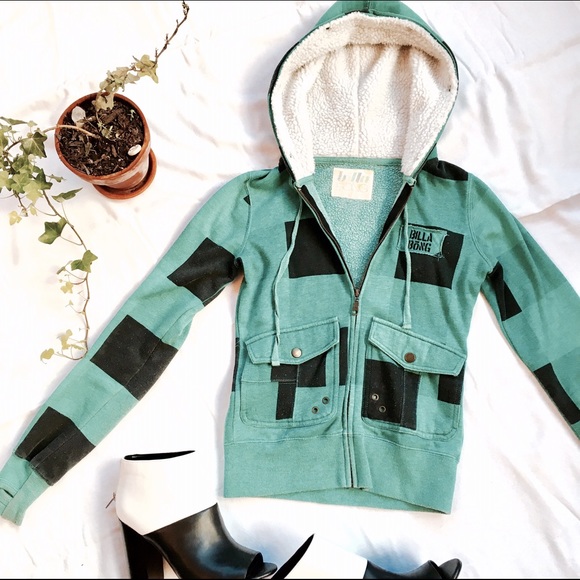 [BillaBong] Plaid Turquoise Furry Hooded Jacket - Picture 5 of 6