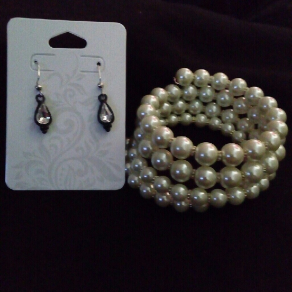White pearl coil bracelet and Crystal earring set