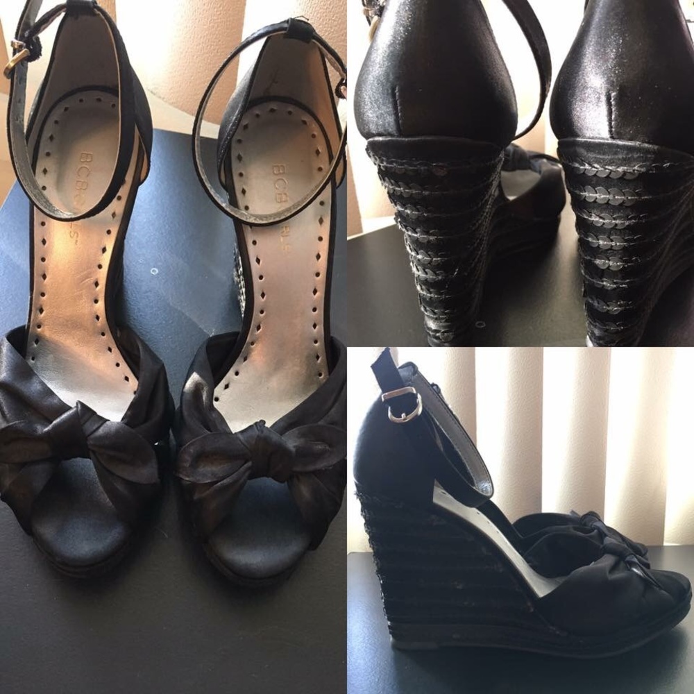 bcbg satin and sequin wedge size 8