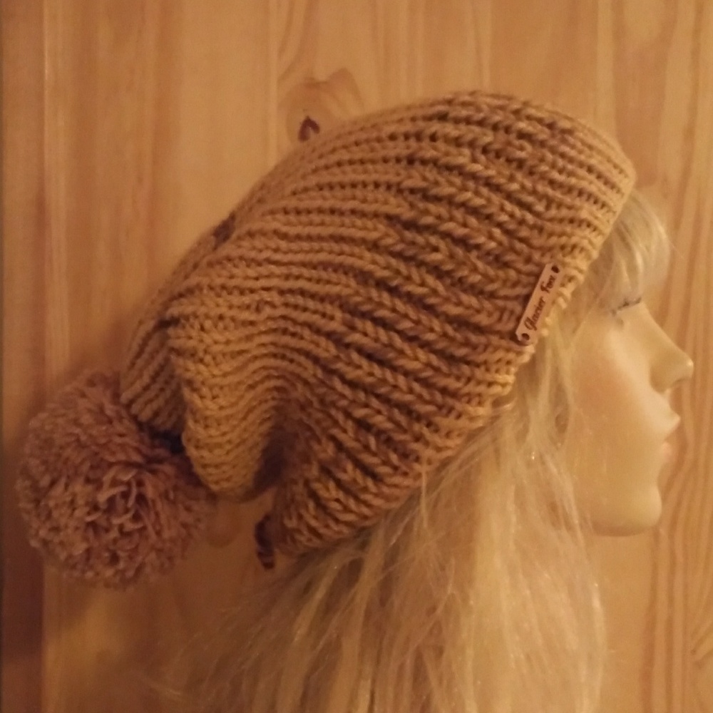 Butterscotch Latte Knitted Ribbed Beanie with Pom