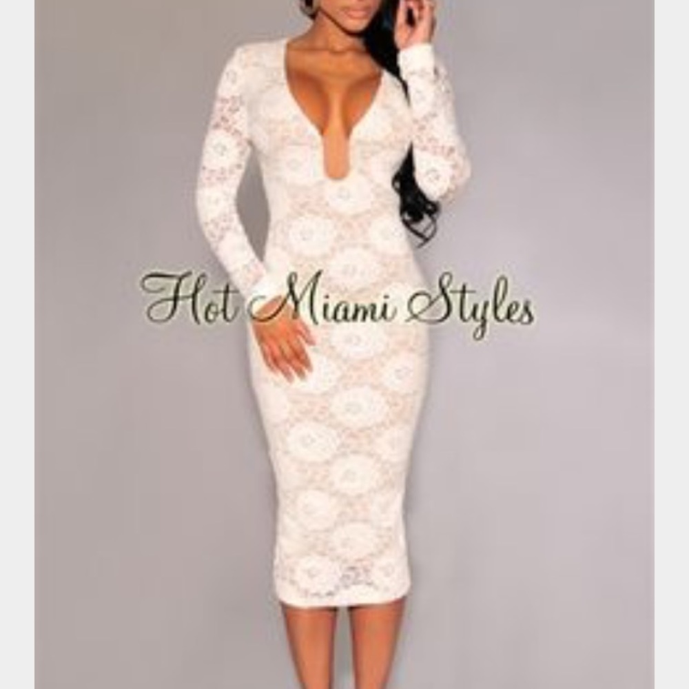Off-White Lace Long Sleeves Midi Dress XS NEW