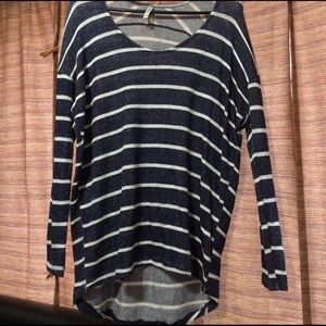 Navy and white stripe half sleeve shirt.