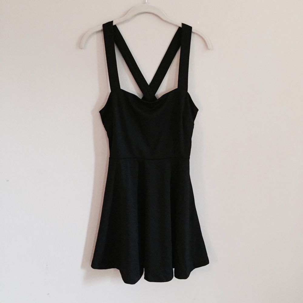 Simple Black Skater Criss Cross Back Dress