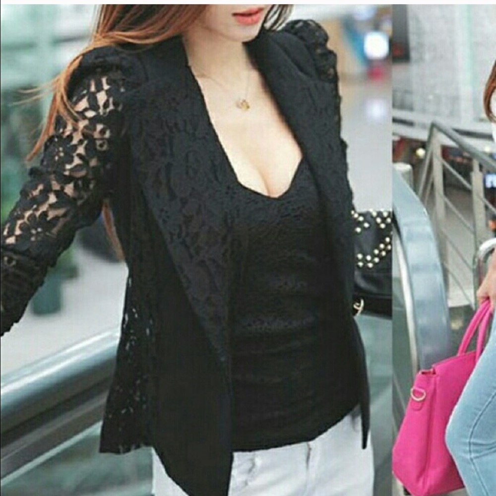Black Blazer with Lace Detail