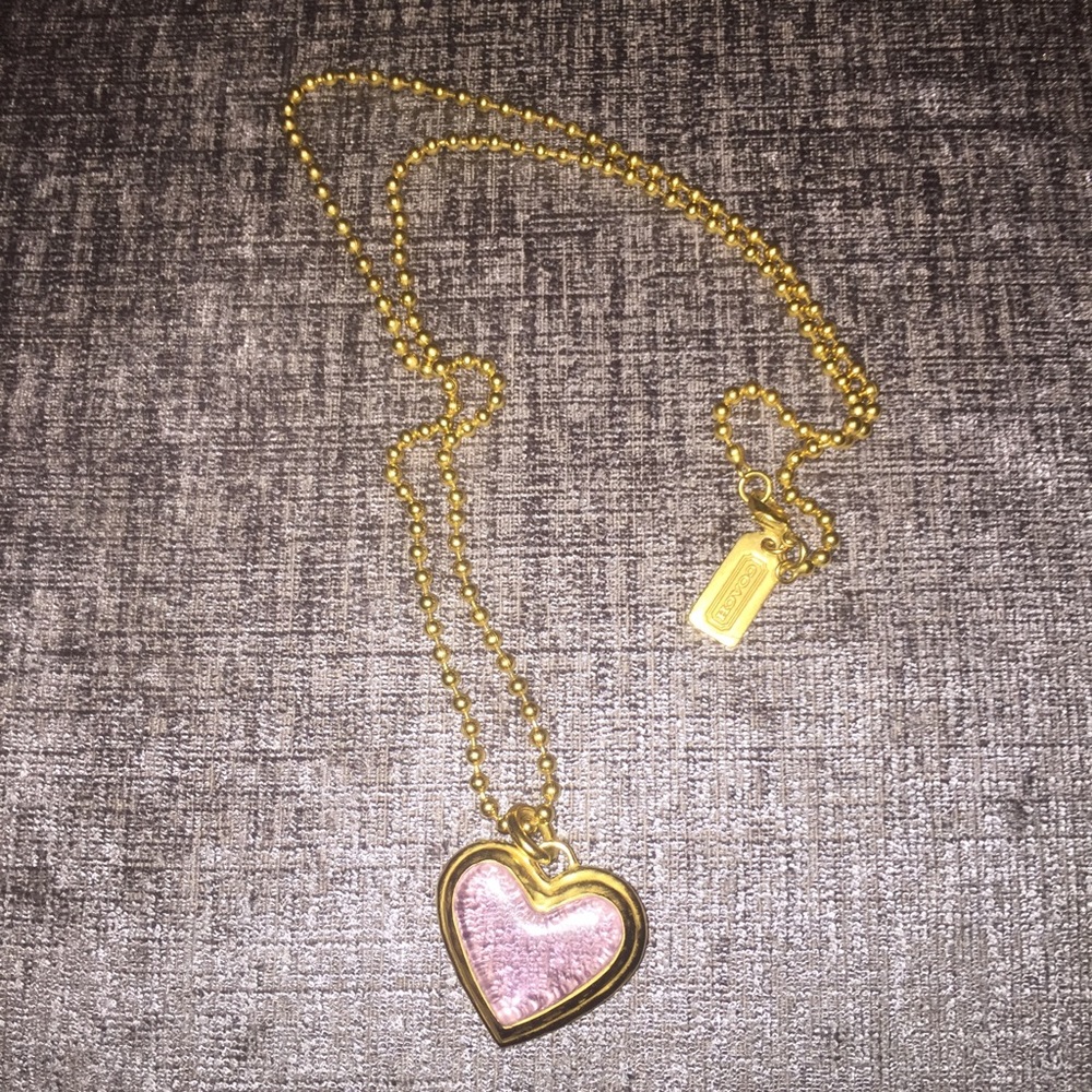 Coach Pink Glass Heart Necklace Gold Chain Pendant