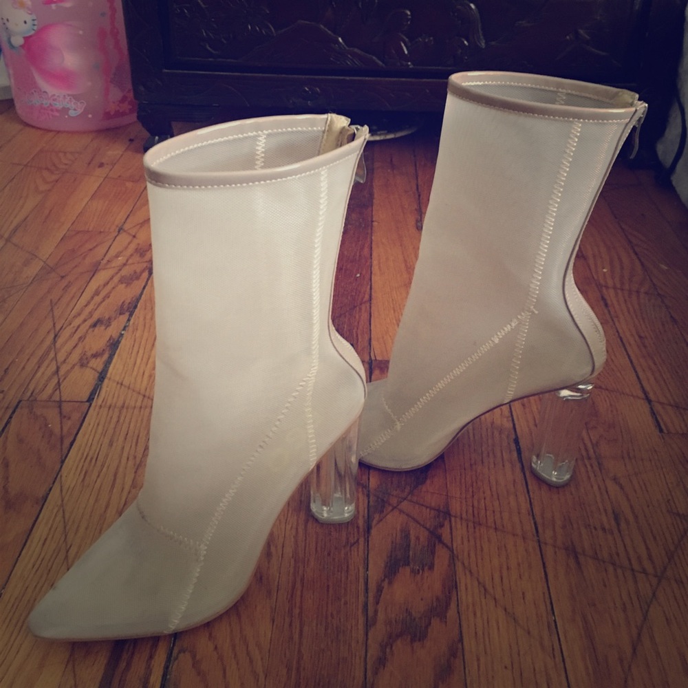 heeled boots in nude mesh with perspex heel