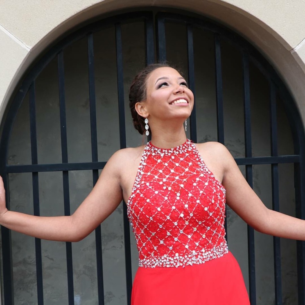 Sparkly open back red prom dress